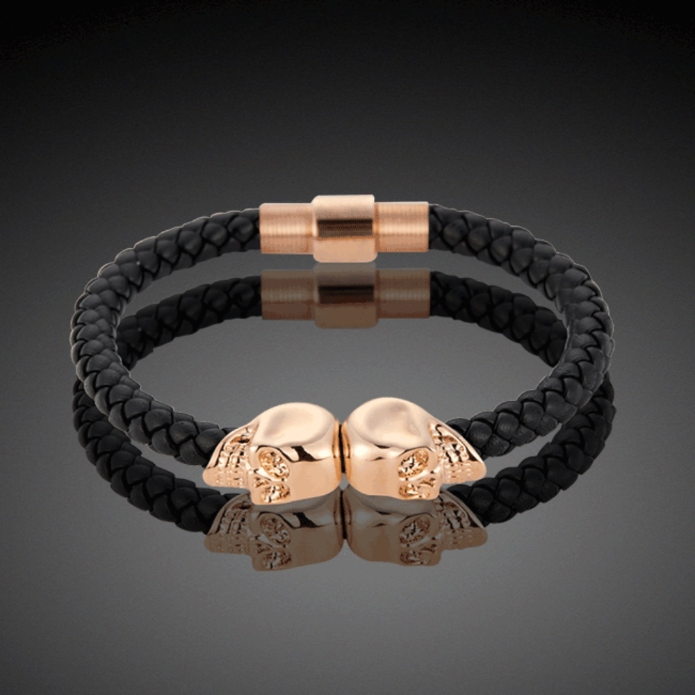 NEW Genuine Black Leather Rose Gold Skull Bracelet